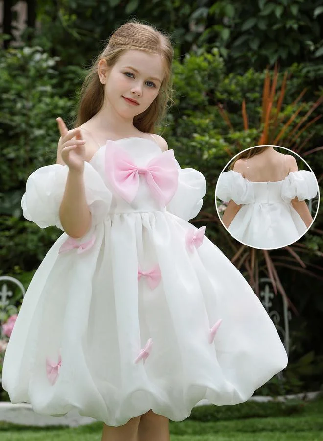 تايك تو فستان أبيض بأكمام منفوخة وتفاصيل فيونكة